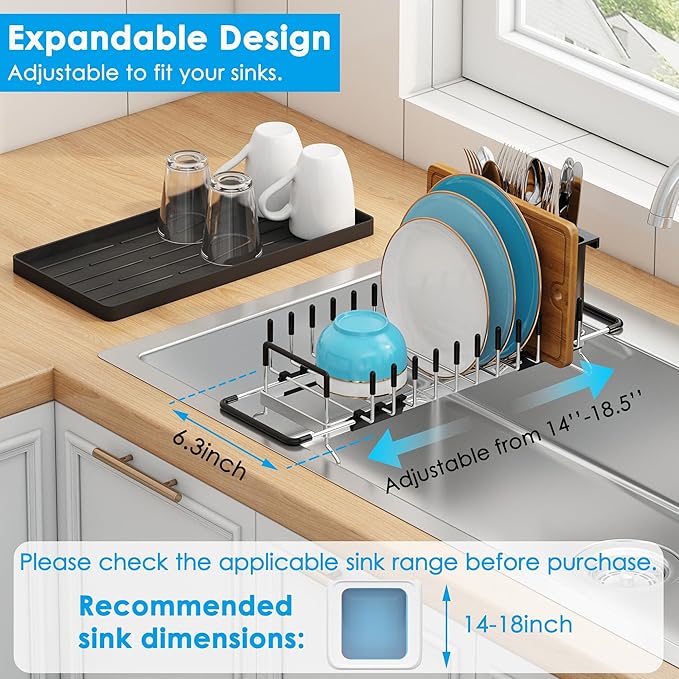 ANTOPY Small Dish Drying Rack - Expandable 304 Stainless Steel Rustproof Dish Rack Over Sink with Silicone Drying Mat & Cutlery Holder, Compact Dish Drainer for Kitchen Counter, Inside Sink, Silver