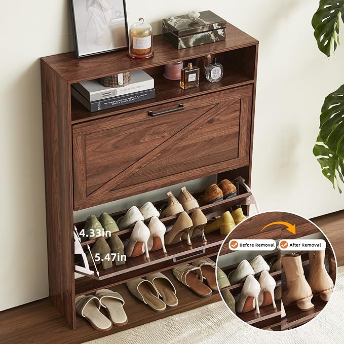 Shoe Storage Cabinet with 2 Flip Drawers,Farmhouse Narrow Shoe Organizer with Legs,Freestanding Hidden Slim Shoe Rack Cabinet with Open Storage for Entryway,Hallway, Foyer, Rustic Brown-NeatNest