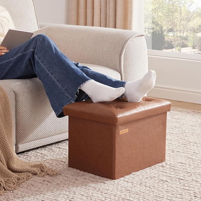 HAUSFRAU Storage Ottoman Foot Rest Stool, Small Folding Ottoman with Storage, Tufted Square Cube Footrest, Faux Leather Retro Brown