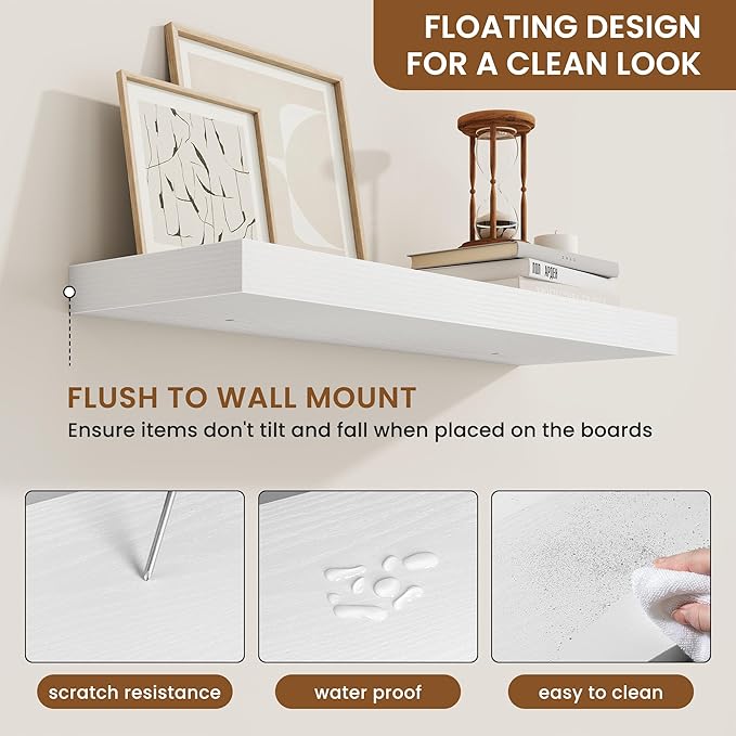 fuqing Floating Shelves for Wall, Bathroom Shelf Wall Mounted for Storage, Shelves with Invisible Bracket for Bedroom, Kitchen, Living Room, Farmhouse Small Book Shelf, 24 Inch Set of 2, White-NeatNest