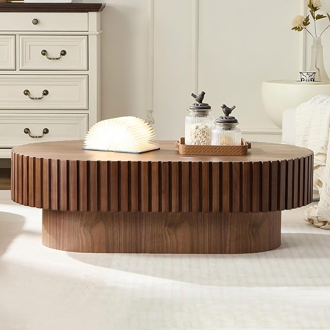 KEVINSPACE Oval Coffee Table 43.7" Wood CoffeeTable for Living Room Drum ModernCoffeeTable TeaTable Wooden Coffee Tables PedestalCoffeeTable Home Furniture Office Apartment Walnut