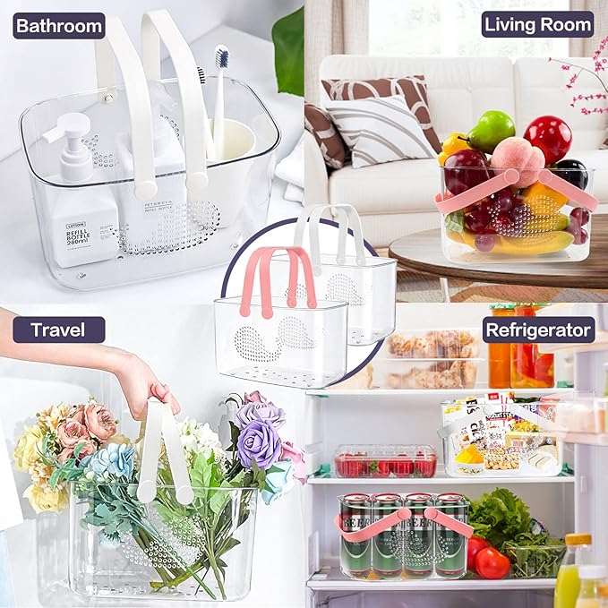2 Pack Plastic Shower Caddy Basket, Portable Shower Caddy Tote Storage Basket with Colorful Handles, Clear Toiletry Organizer Bin for Bathroom Kitchen College Dorm (White+Pink)