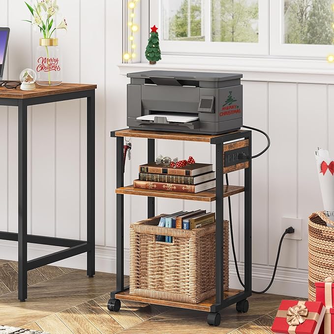 HOOBRO Industrial Printer Stand with Charging Station, 3-Tier Printer Table, Rolling Printer Cart with Adjustable Shelf and Hook, Rustic Brown and Black BF28UPS01-NeatNest