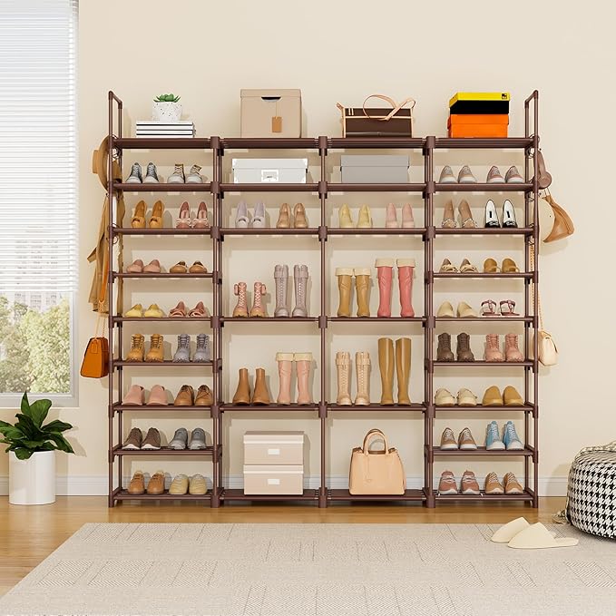 ROJASOP Large Shoe Rack Organizer for Entryway Closet 64-68 Pairs 9-Tier Heavy Duty Tall Garage Shoe Rack Shoe Shelf Shoes Storage with 18 Pcs Removable Side Hooks for Bedroom and Garage Brown-NeatNest