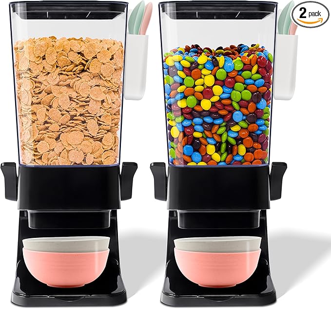 Cereal Dispenser Countertop Black 2 Pack with Bowls Spoons Cutlery Box, 5.5 QT Dry Food Dispenser Snack Organizer Containers Storage for Pantry Kitchen Organization Oatmeal Nut-NeatNest