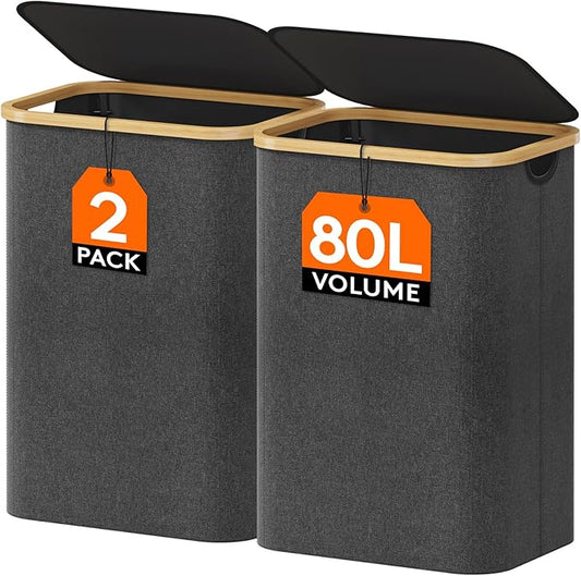 Lifewit 80L Laundry Basket with Lid, Clothes Hampers for Laundry with Bamboo Handles and 2 Removable Bags, Large Foldable Hamper for Bedroom, Bathroom, Dorm, Laundry Room, Dark Gray-NeatNest