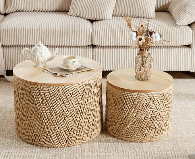 chairus Nesting Coffee Table Set of 2 Woven Round Coffee Table with Storage Solid Wood Side Table for Small Spaces, Living Room, Bedroom, Office, Natural-NeatNest
