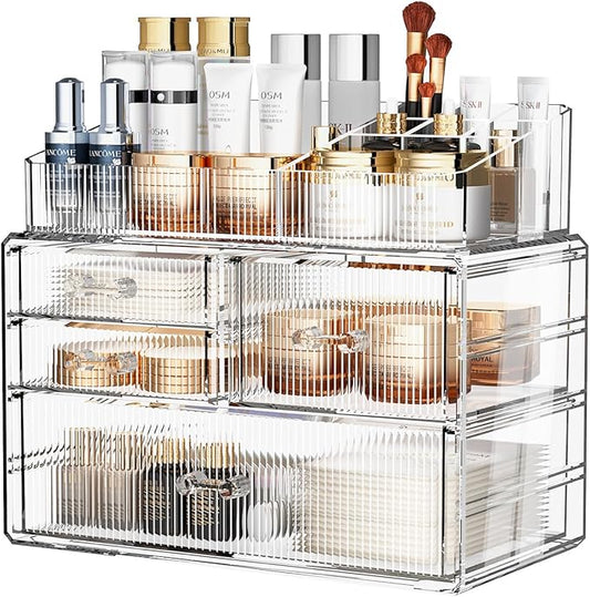 ZHIAI Stackable Storage Drawer, Acrylic Organizer, Cosmetic Organizer for Dresser, Vanity, Kitchen Cabinet, Bathroom, Under Sink, Home Organization and Storage (1 Top 3 Drawers)-NeatNest