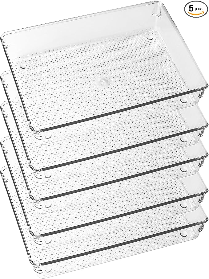 ihomecooker 5 Pack Clear Plastic Drawer Organizer Tray Cutlery Utensil Makeups Drawer Silverware Organizers 6" X 9"-NeatNest