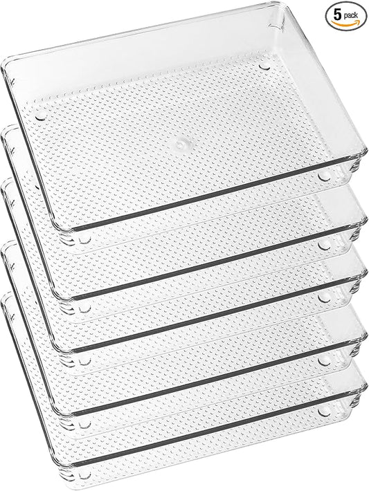 ihomecooker 5 Pack Clear Plastic Drawer Organizer Tray Cutlery Utensil Makeups Drawer Silverware Organizers 6" X 9"-NeatNest
