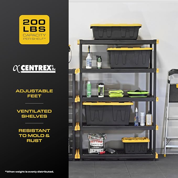 CX Black & Yellow®, 5-Tier Heavy Duty Plastic Storage Shelving Unit, 200lbs/shelf (72”H x 48”W x 20”D), for Indoor/Outdoor Organization, Modular Rack-NeatNest