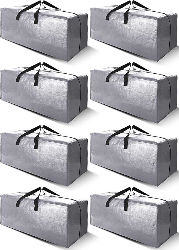 Cosy Family 8 Pack Heavy Duty Extra Large Moving Bags with Backpack Straps - Strong Handles & Zippers, Storage Totes For Space Saving, Fold Flat, Alternative to Moving Box (40 gal, Silver)-NeatNest