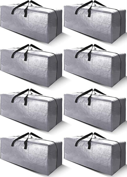 Cosy Family 8 Pack Heavy Duty Extra Large Moving Bags with Backpack Straps - Strong Handles & Zippers, Storage Totes For Space Saving, Fold Flat, Alternative to Moving Box (40 gal, Silver)-NeatNest