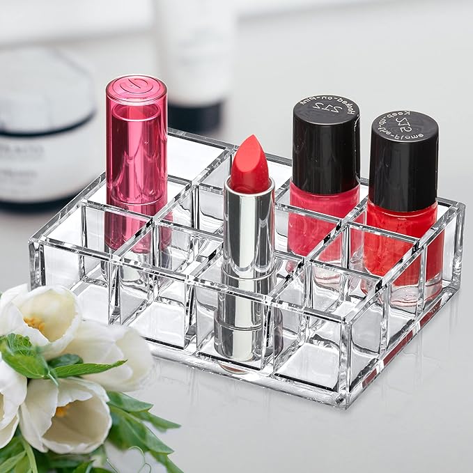 Amazing Abby - Allure - 12-Slot Acrylic Lipstick Organizer, Lipstick Holder, Lip Gloss Holder, Cosmetic Storage Display, Perfect Storage Solution for Drawer and Vanity (Slot Size: 1.0" x 1.0")-NeatNest