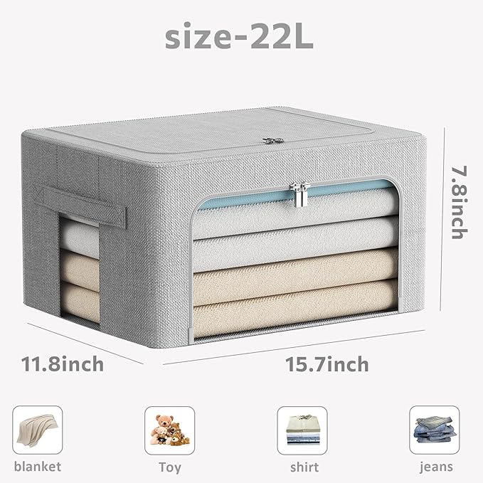 2 Pack Clothes Storage Bins Stackable Metal Frame Storage Box Foldable Linen Fabric Organizer with Carrying Handles and Clear Window (Light Gray, 15.7x 11.8x 7.8Inch)-NeatNest