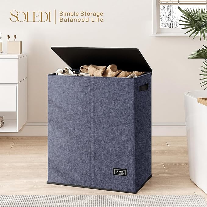 SOLEDI Large Double Laundry Hamper with Lid, Collapsible Clothes Hamper 2 section with Removable Bags, Space-Saving Laundry Basket for Bedroom, Dorm, College-NeatNest