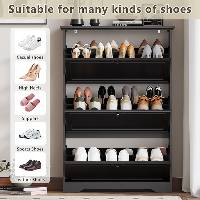 3 Flips Shoe Cabinet for Entryway, Narrow Shoe Storage Cabinet with Adjustable Shelves, Wooden Space-Saving Organizer and Rack for Foyer, Closet, Hallway