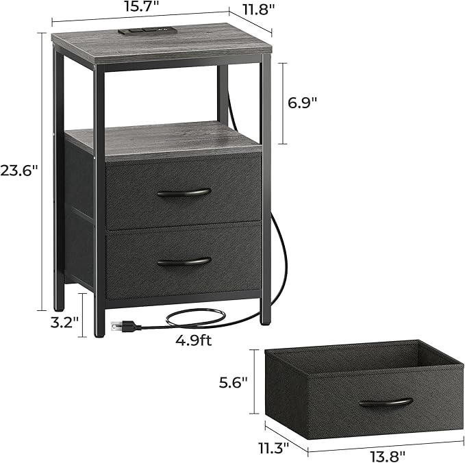 Huuger Nightstands Set of 2, End Tables with Charging Station, Side Tables with Fabric Drawers, Bedside Tables with USB Ports and Outlets, Night Stands for Bedroom, Charcoal Gray