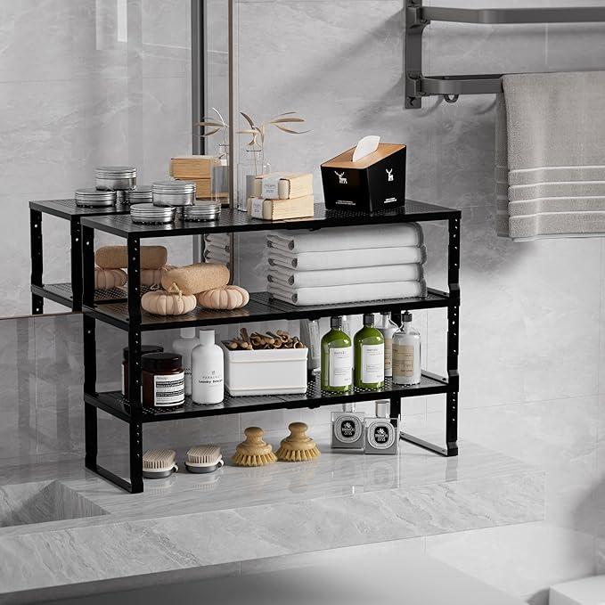 Expandable Spice Rack & Kitchen Cabinet Organizer - Stackable, Adjustable Shelves for Cabinets, Countertops, Cupboards & Pantries(2 Packs/Medium/Black)-NeatNest