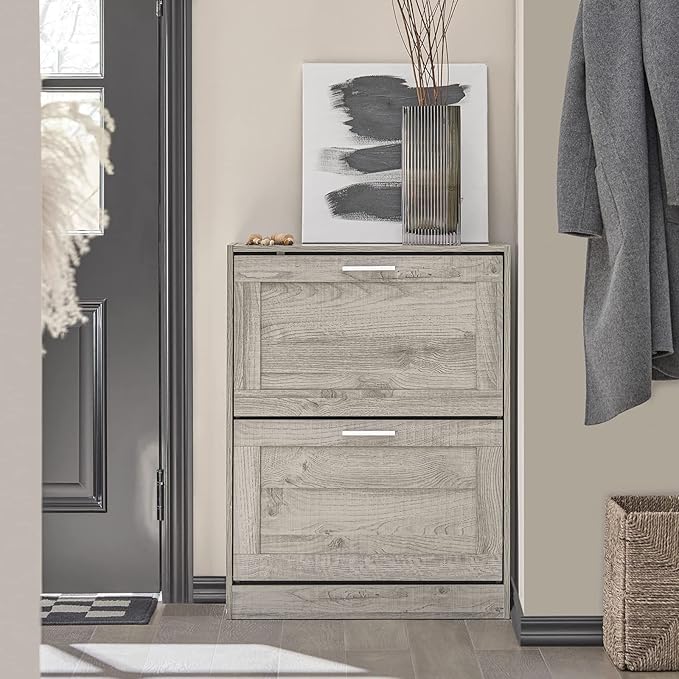 Haotian Slim Shoe Cabinet, Small Shoe Rack Entryway, Shoe Storage Organizer Entrance Hallway, Grey, FSR137-HG-NeatNest