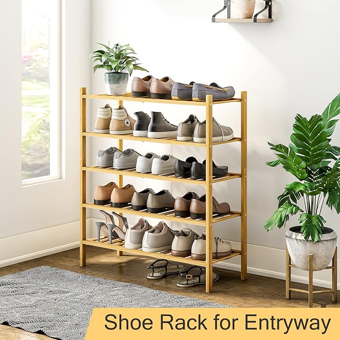 5-Tier Bamboo Shoe Rack for Entryway, Stackable | Heavy Duty | Multi-Function, Free Standing Shoe Racks for Bedroom Hallway Closet-NeatNest