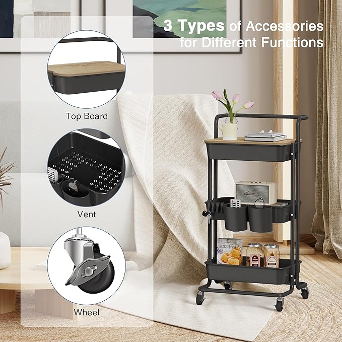 DTK 3 Tier Rolling Cart Uility Cart with Cover Board, Mobile Storage Cart with Wheels, Cups, Hooks for Office Utility Kitchen Bathroom Homeschool Art Craft Postpartum Teacher Cart Organizer(Black)-NeatNest