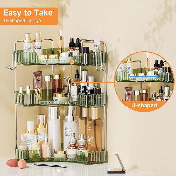 Makeup Organizer for Vanity 3-Tier Corner Bathroom Organizer Countertop with Hooks Bathroom Countertop Perfume Organizer Corner Bathroom Counter Corner Storage-Green-NeatNest