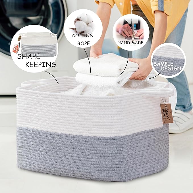 COMFY-HOMI Large Rectangle Laundry Storage Basket | Cotton Rope Woven, Organizing with Handle | Dirty Cloth & Baby Shower Basket | 22x15x12' - White/Grey-NeatNest