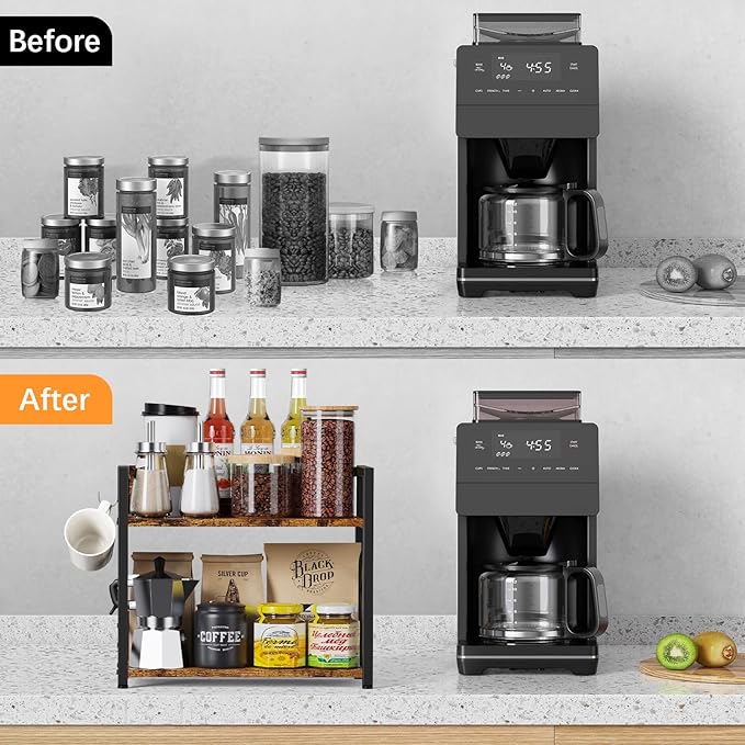 2 Tier Kitchen Counter Shelf Organizer, Coffee Bar Station Organizer for Countertop，Space Saving Spice Rack, Desk Shelf Riser, Coffee Bar Accessories(Rustic Brown, Medium)