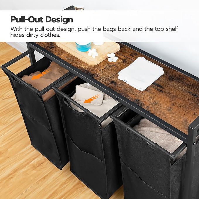 HOOBRO Laundry Sorter 3 Section, Laundry Hamper with Wheels, 3 × 11.5 Gal (43.5 L), Rolling Laundry Basket, Pull-Out and Removable Oxford Fabric Laundry Bags, Rustic Brown and Black BF76XY01-NeatNest