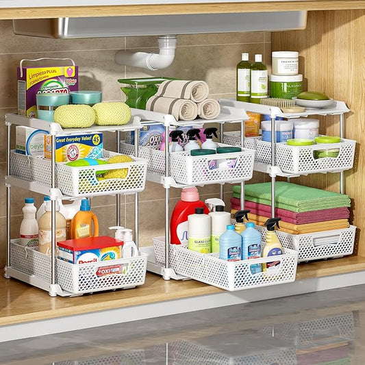 3Pcs 3 Tier Bathroom Organizers and Storage, UPGRADE WIDER BOLDER, Pull Out Under Sink Organizer with Dividers, Kitchen Pantry Organizers and Storage, Bathroom Storage Cabinet - White-NeatNest