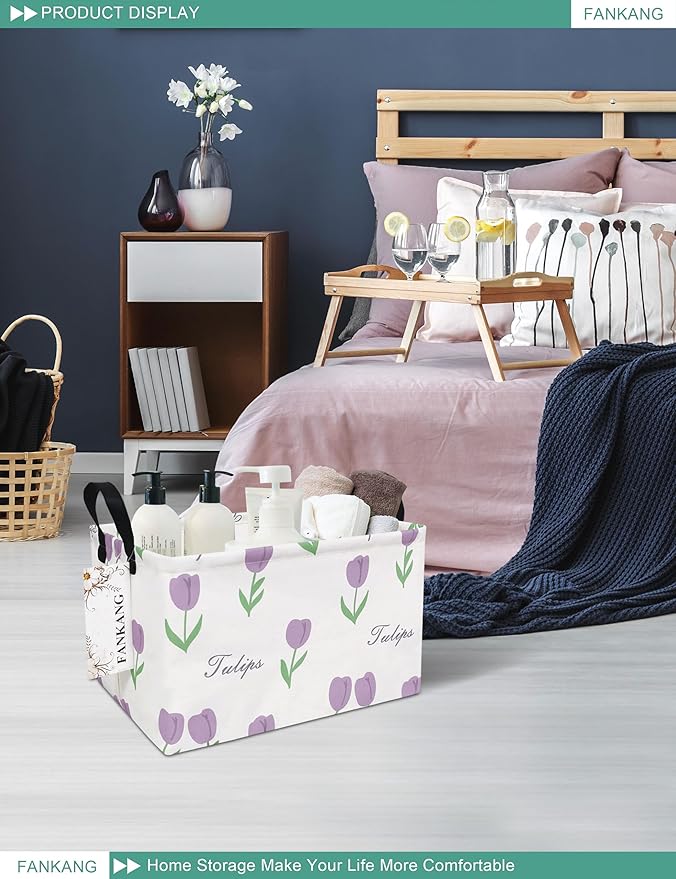 FANKANG Storage Bins, Nursery Hamper Canvas Laundry Basket Foldable with Waterproof PE Coating Large Storage Baskets for Kids Boys and Girls, Office, Bedroom, Clothes,Toys(Rec-tulips