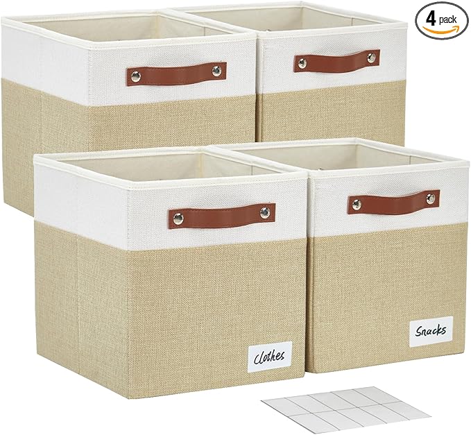 Collapsible Fabric Storage Cube Bins with 2 Reinforced PU Handles, Foldable Storage Organizer Baskets for Closet, Shelves, Living Room | 13"x13"x13", 4 Pack, Beige & White-NeatNest