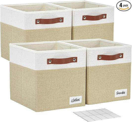 Collapsible Fabric Storage Cube Bins with 2 Reinforced PU Handles, Foldable Storage Organizer Baskets for Closet, Shelves, Living Room | 13"x13"x13", 4 Pack, Beige & White-NeatNest