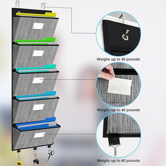 homyfort Over the Door File Organizer, Hanging File Folders Wall Organizer with 5 Large Pocket for Papers, Charts, Mails, Magazine, Office (Black)-NeatNest
