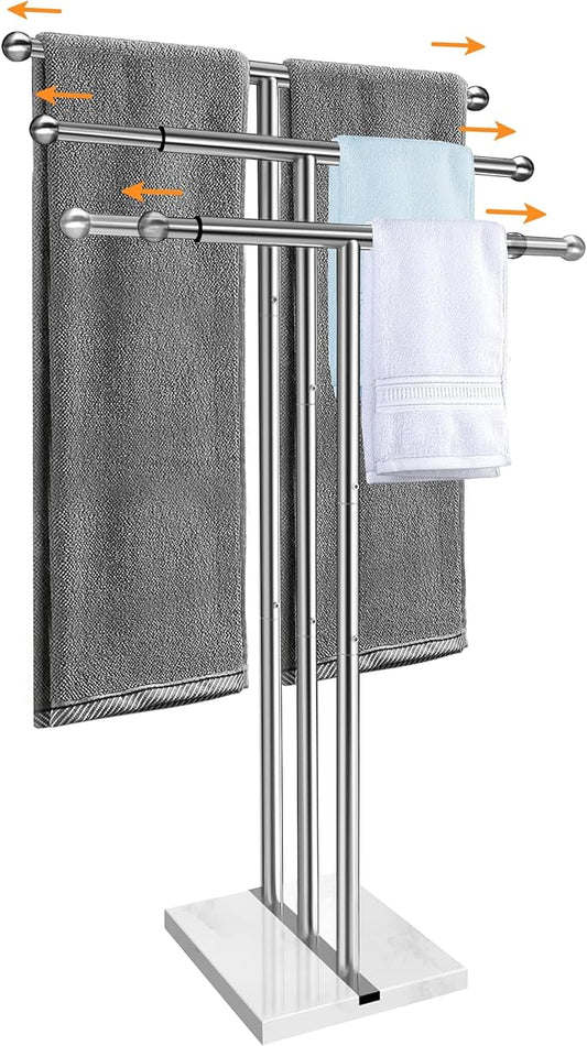 Kayfia 40" Standing Towel Rack with Weighted Marble Base, Width Adjustable & Taller Bathroom Towel Rack Stand, 3-Tier Towel Racks for Bathroom, Multiple Spaces Stainless Steel Brushed Finish