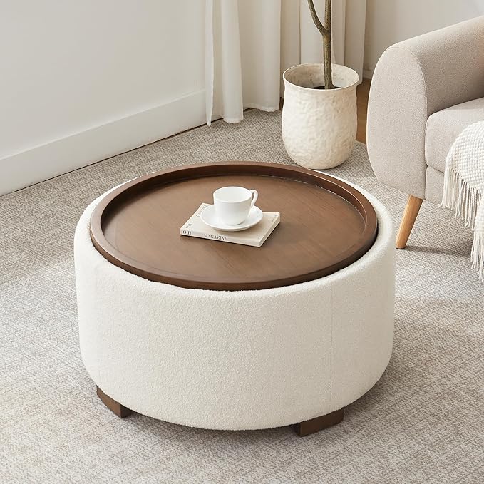 30 Inch Round Storage Ottoman Coffee Table, Modern Boucle Ottoman with Lift-Off Lid and Solid Wood Legs for Living Room, Bedroom, Corners, Apartments (Beige)