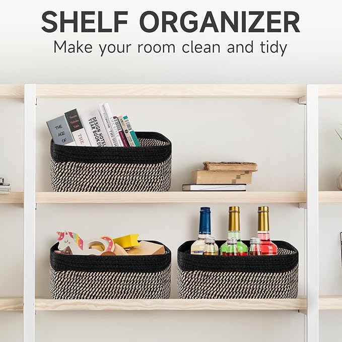 3-Pack Shelf Baskets for Organizing, Closet Organizer Bins, Small Woven Baskets, Rope Toy Basket, Storage Basket for Shelves, Cube Decorative Box, 11.5×7.5×4.7”, Black Brown-NeatNest