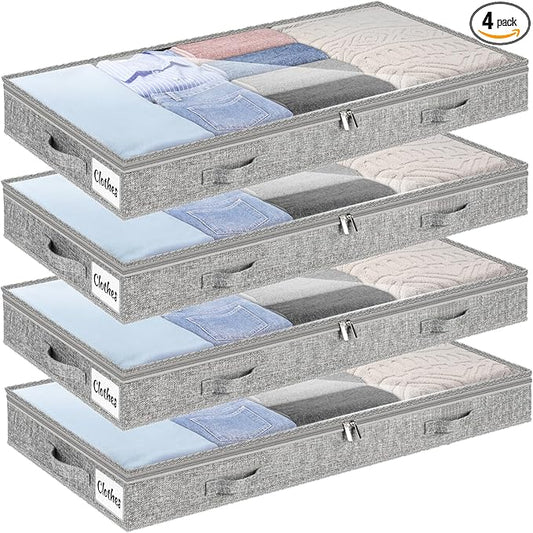 4 Inch Low Profile Under Bed Storage Drawer 4 Pack, Lightweight Underbed Clothes Storage Container Bins with NO STURCTURE, Shallow Storage Bag for Dorm & Home, With Clear Lids and Waterproof Fabric-NeatNest