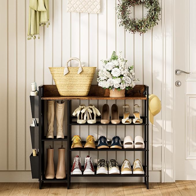 Shoe Racks Bench,Shoe Organizer with Bench for Closet- Free Standing Boot and Shoe Rack with Storage Bag for High Heels, Entryway, Hallways, Closets, Dormitory Rooms,Brown 4-Tier-NeatNest