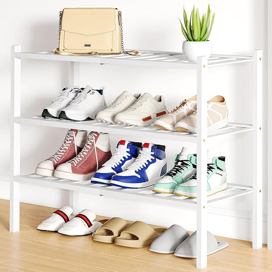 Smiry Shoe Rack, 3 Tier Small Bamboo Shoe Organizer, Stackable Free Standing Wooden Shoe Storage Shelf for Closet, Entryway, Front Door Entrance, White-NeatNest