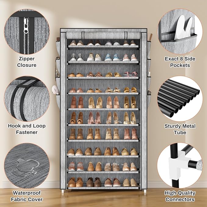 VTRIN Tall Shoe Rack with Cover, 10 Tier Shoe Organizer Storage for 50-55 Pairs Shoes and Boots Large Capacity Shoe Shelf with 8 Pockets Free Standing Shoe Rack for Closet, Entryway, Garage, Printing-NeatNest