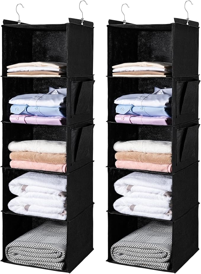 BOOMIBOO Hanging Closet Organize and Shelves，5-Hanging Shelf with 2 Side Pockets，Storage Foldable （2 Pack,Black）-NeatNest