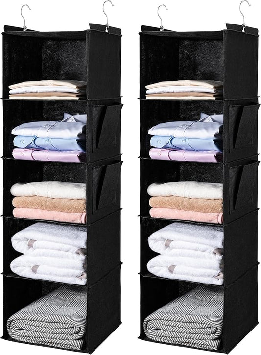 BOOMIBOO Hanging Closet Organize and Shelves，5-Hanging Shelf with 2 Side Pockets，Storage Foldable （2 Pack,Black）-NeatNest