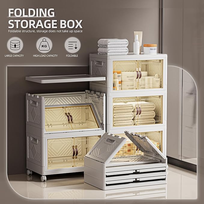 200 QT / 50 Gal White Storage Bins with 1 Lid - Collapsible Stackable Cabinet Organizer w/Wheels & Magnetic Doors, Plastic Storage Box for Office Closet Organization-NeatNest