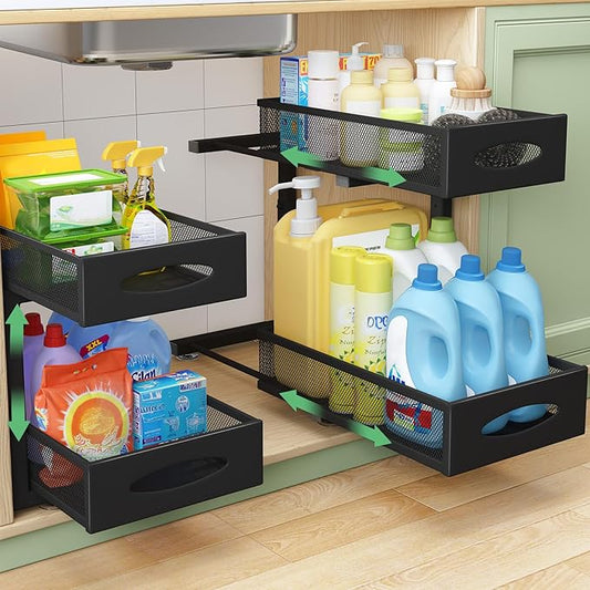 Under Sink Organizer, 2 Tier Pull out Cabinet Organizer Baskets with Mesh Sliding Drawers, Slide out Storage Shelf for Home, Kitchen, Bathroom, Pantry, Office Cabinet, Countertop(1 Pack)-NeatNest