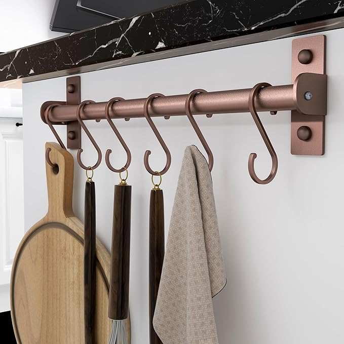 Dseap Kitchen Utensil Holder Hanger, Pot and Pan Rack Wall Mounted, Kitchen Rail with 8 Hooks for Hanging Cooking Utensils, Mugs, Spoons, Wall Mounted, Antique Copper, Pack of 2-NeatNest