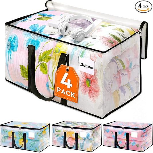 HomeHacks Clear Moving Bags Heavy Duty 4 Pack, Storage Bags with Zipper, Extra Thick Handles & Waterproof Packing Boxes for Moving, Camping, Home Organization 76L/20Gal (28.7"x11.8"x13.8")-NeatNest