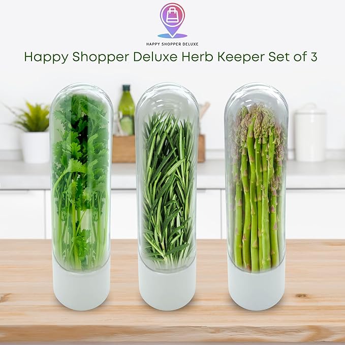 Herb Keeper for Refrigerator Set of 3 – Compact Herb Saver with Built-in Ventilation, and Water Reservoir – Keeps Herbs Fresh Longer in Fridge or Countertop