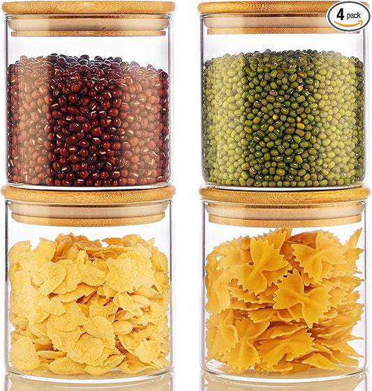 21oz - 4 Pack Glass Jars with Bamboo Lids, Glass Food Storage Containers with Airtight Lids, Air Tight Pantry Storage Containers for Coffee, Sugar, Spice, Meal Prep Jars for Salad & Fruit-NeatNest